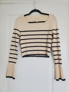 Happily Grey Cream & Black Striped Ribbed Long-Sleeve Crop Top